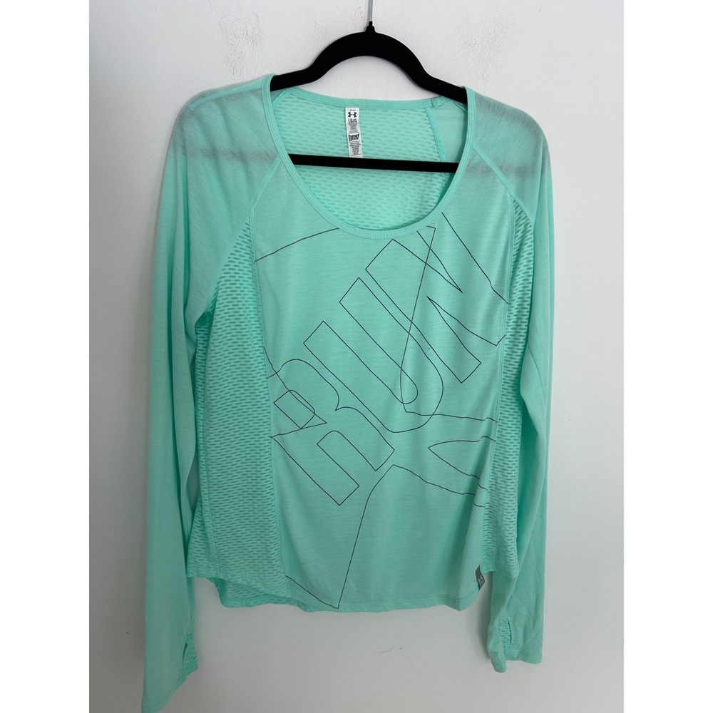 Under Armour HeatGear Womens Large Mint Green RUN Long Sleeve Mesh Running Shirt